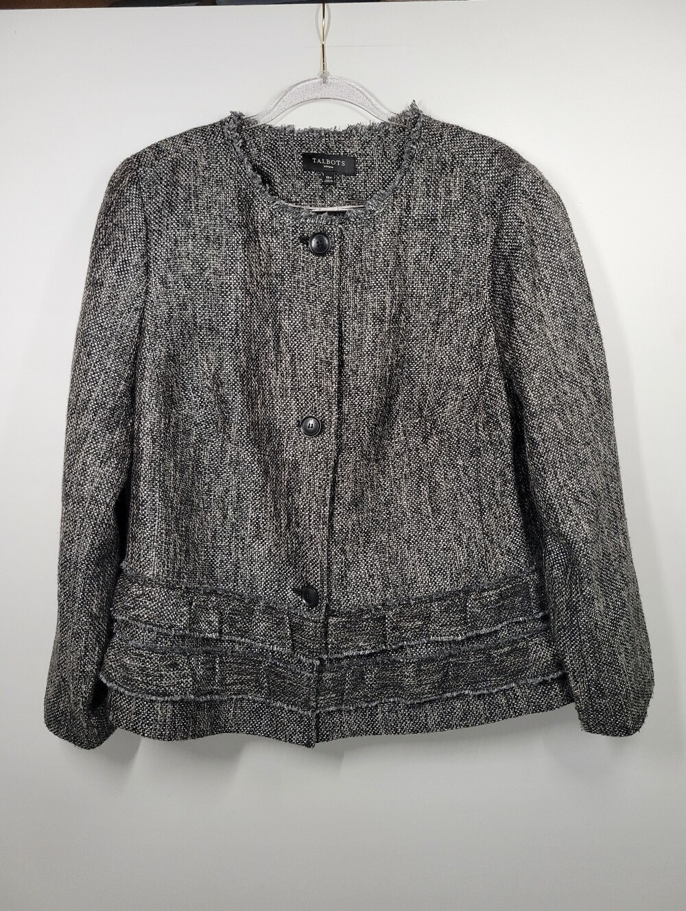 Talbots Black Gray Tweed Wool Blend Ruffle 3 Button Blazer Jacket Women Size 18W